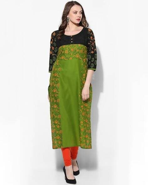 Cheera Hand Block Print Olive Green And Black Anarkali Kurta (MAAI-069K)