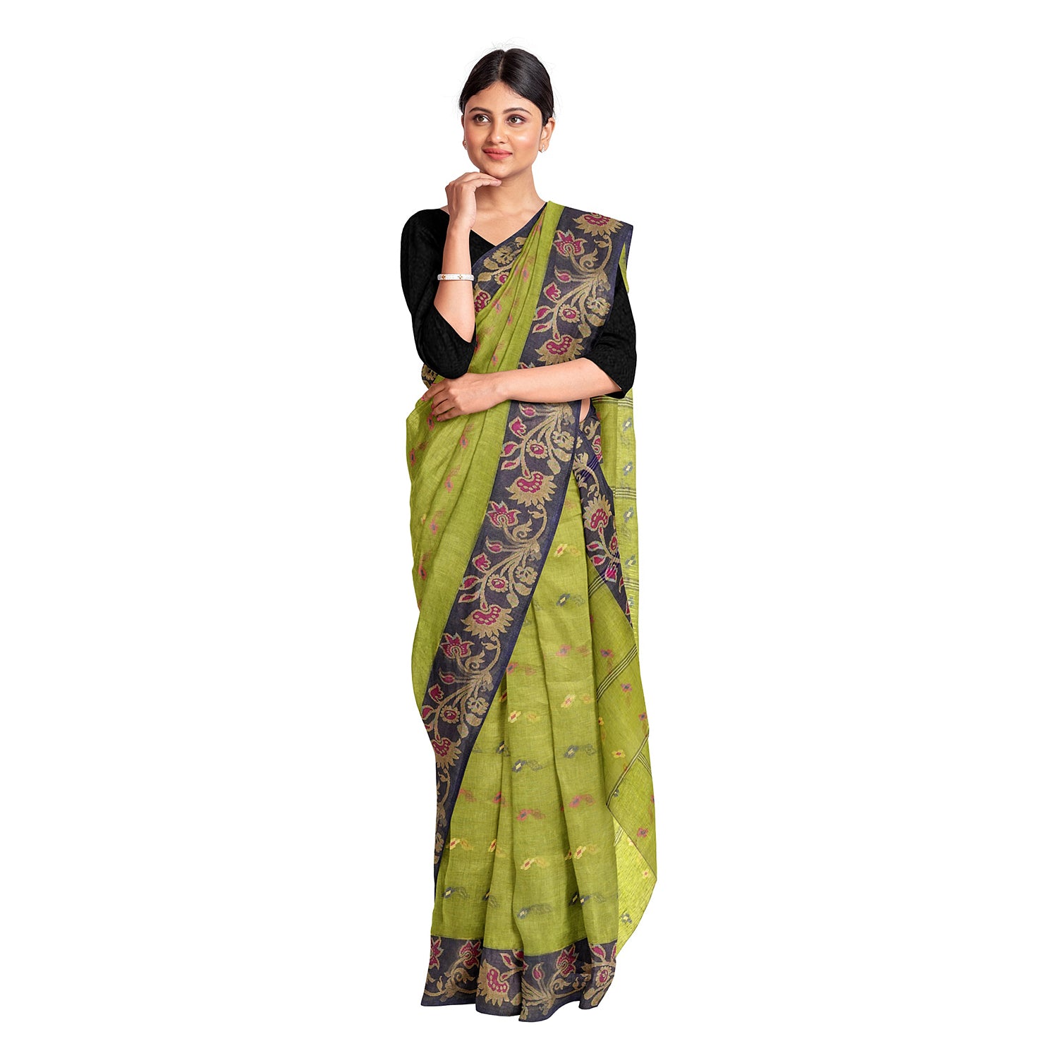 Exclusive Collection 100% Pure Cotton Light Green Tant Saree With Hand Weaving Work - Distacart