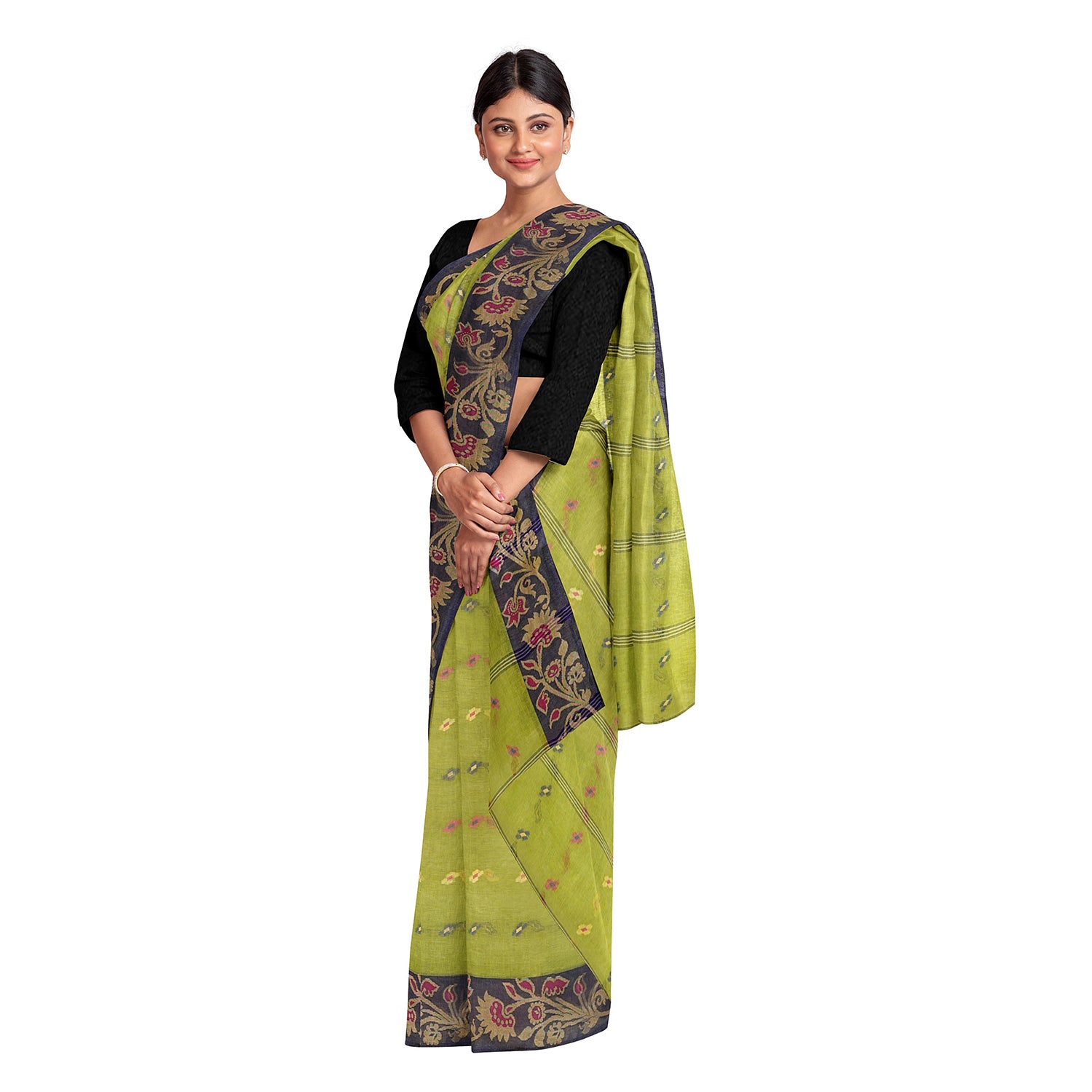 Exclusive Collection 100% Pure Cotton Light Green Tant Saree With Hand Weaving Work - Distacart