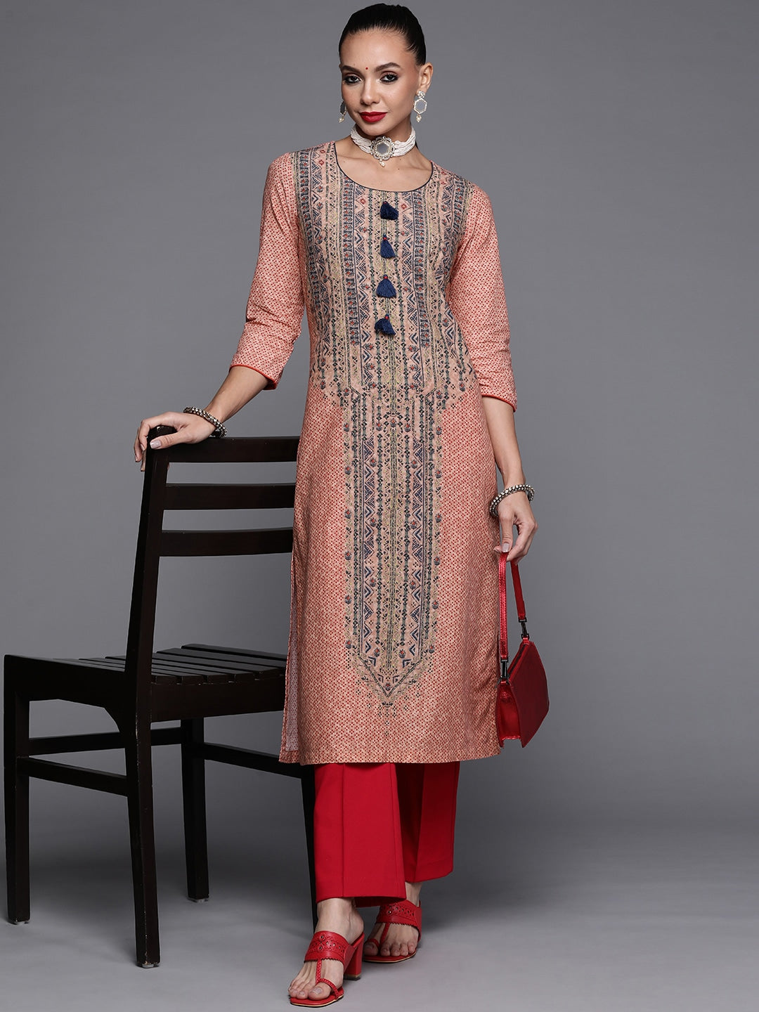 Biba Women Peach-Coloured & Blue Ethnic Motif Printed Kurta - Distacart