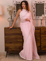 Thumbnail for Koskii Pink & Silver-Toned Striped Beads and Stones Saree - Distacart
