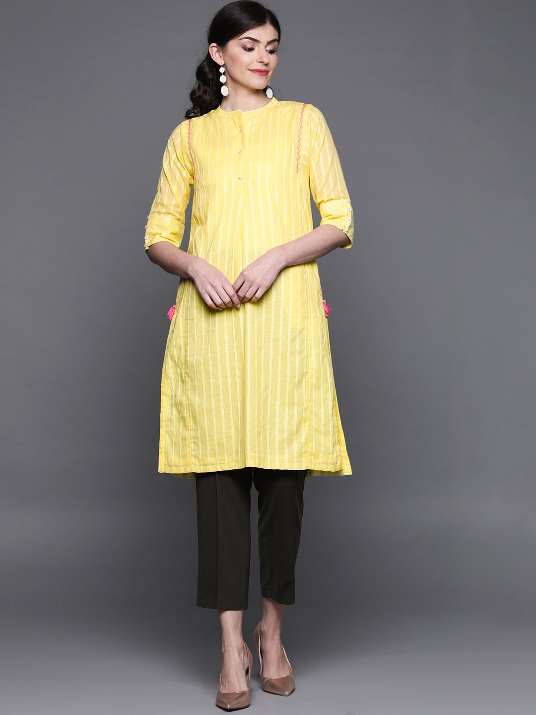Biba Women Yellow Striped Straight Kurta - Distacart