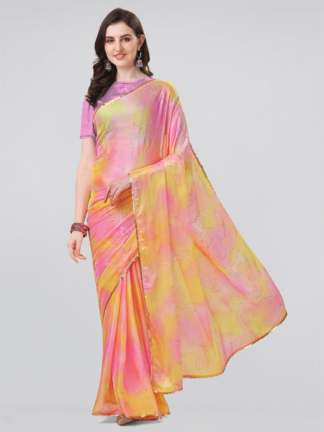 Kalini Yellow & Pink Tie and Dye Sequinned Saree - Distacart