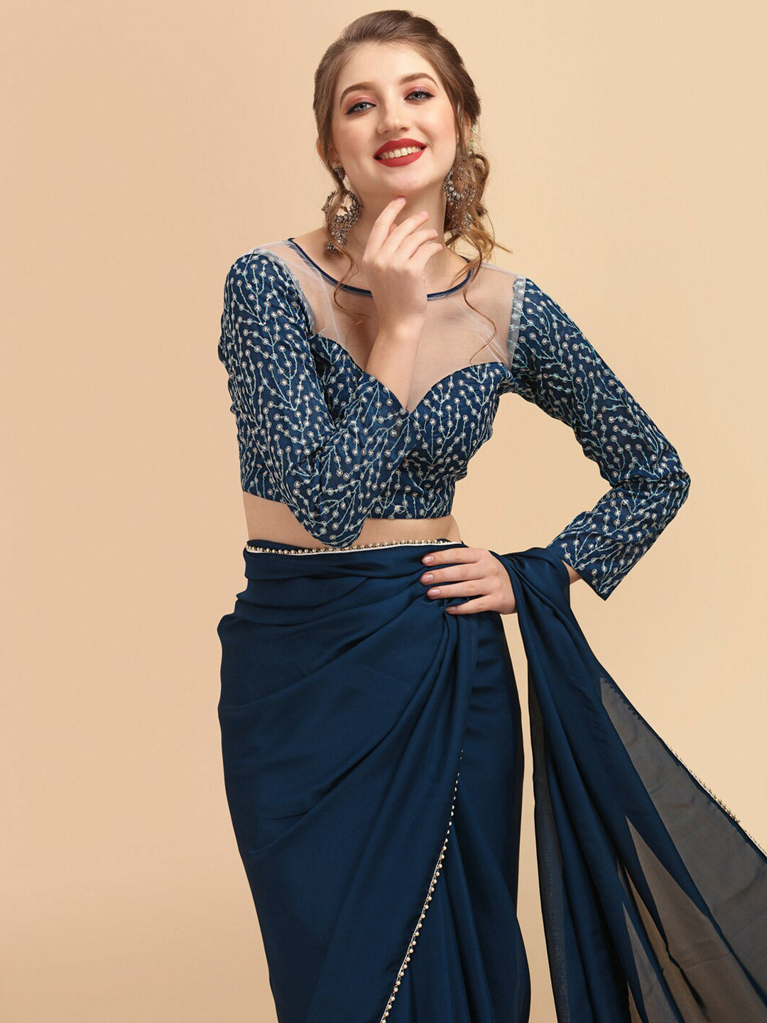 Sangria Satin Saree With Beads & Stones Embellished Border - Distacart