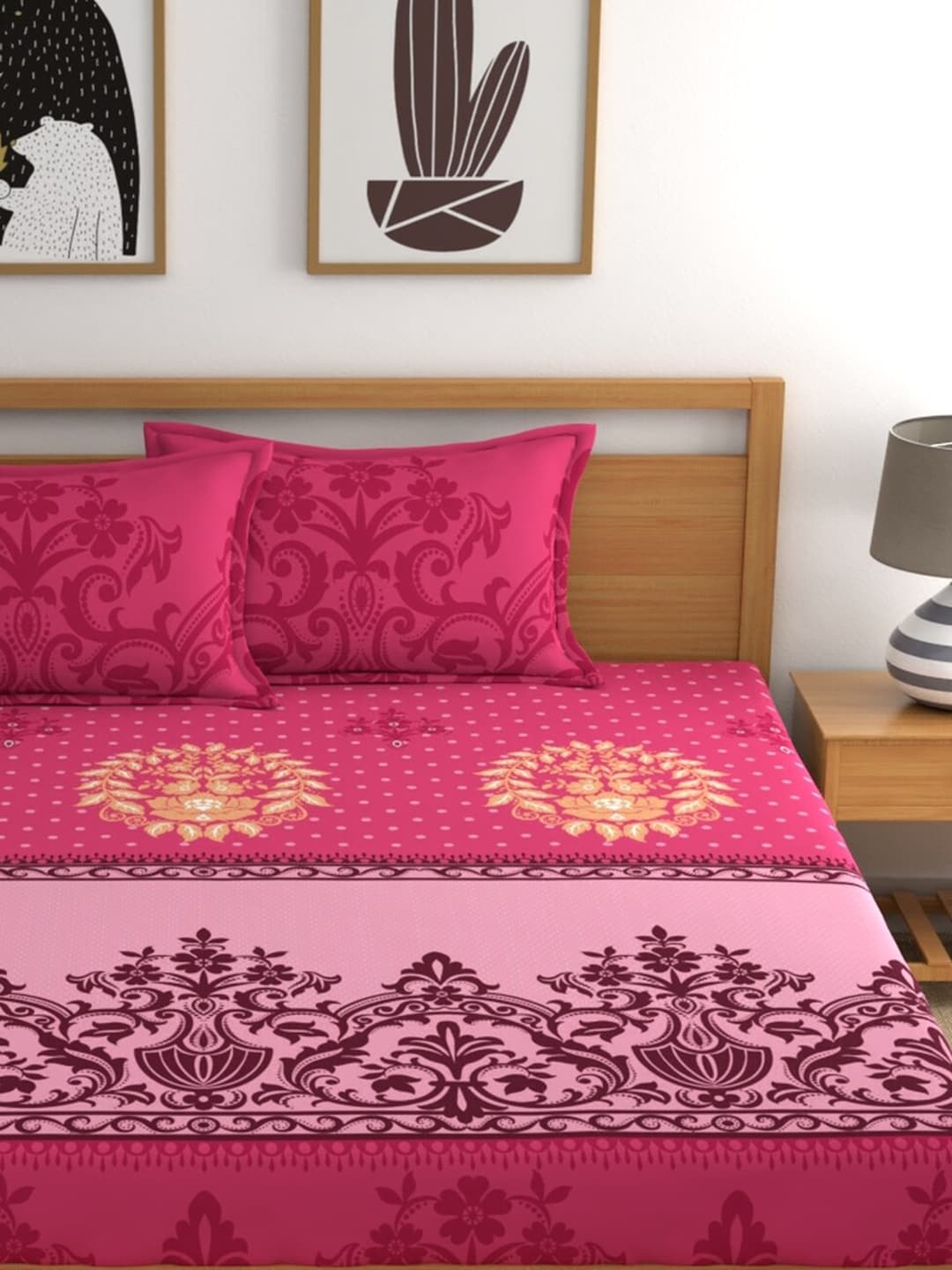 Dreamscape Pink & Cream-Coloured 140 TC Pure Cotton King Bedsheet with 2 Pillow Covers - Distacart