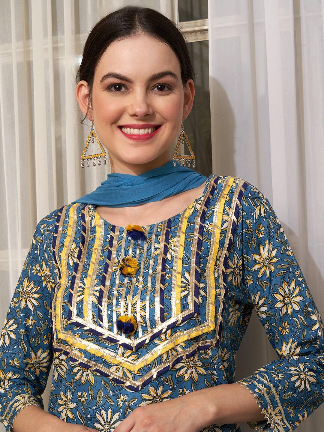 Sangria Blue Ethnic Motifs Printed Cotton Kurta with Trousers & Dupatta - Distacart