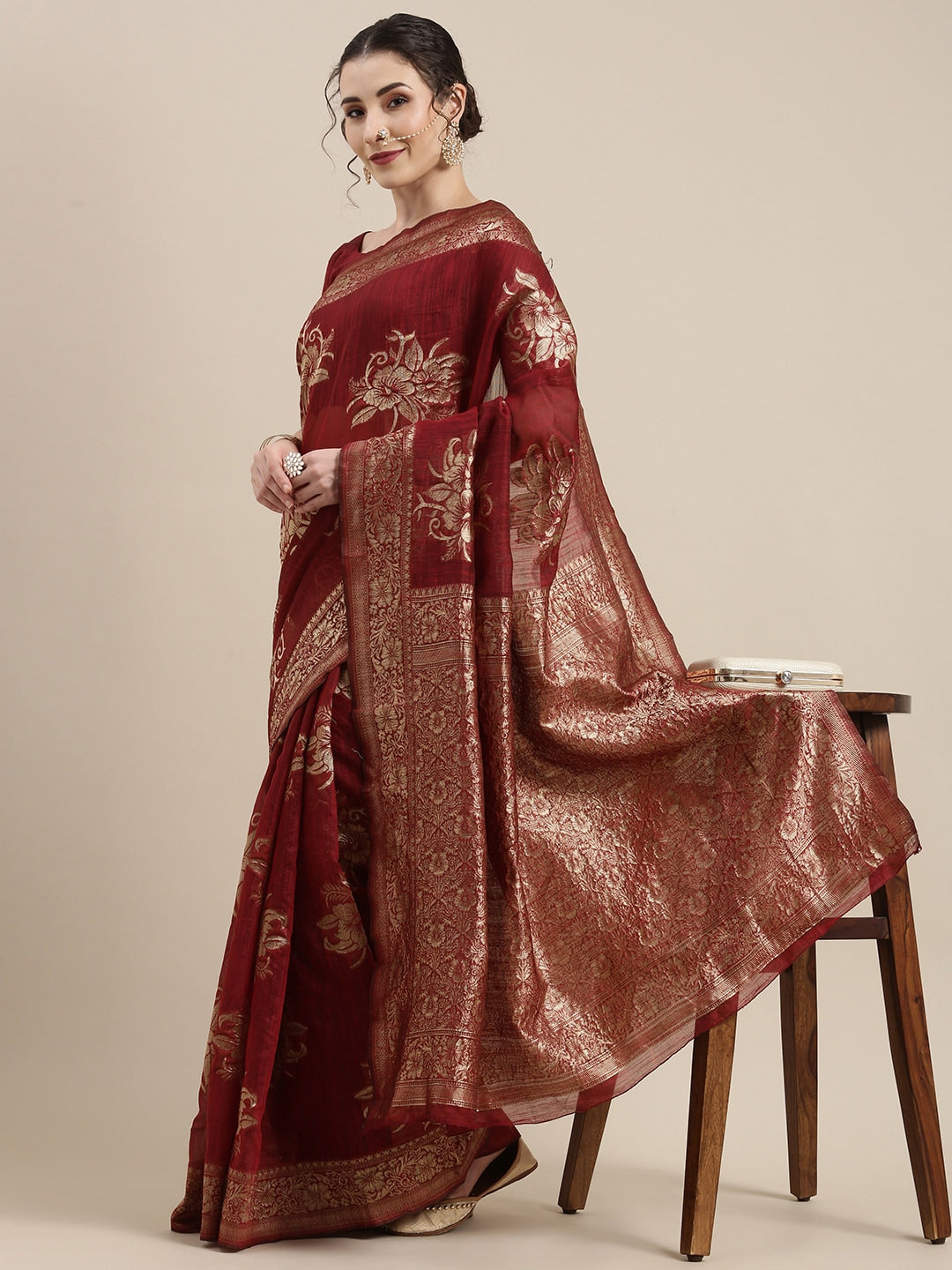 Saree Mall Maroon Floral Linen Blend Banarasi Saree - Distacart