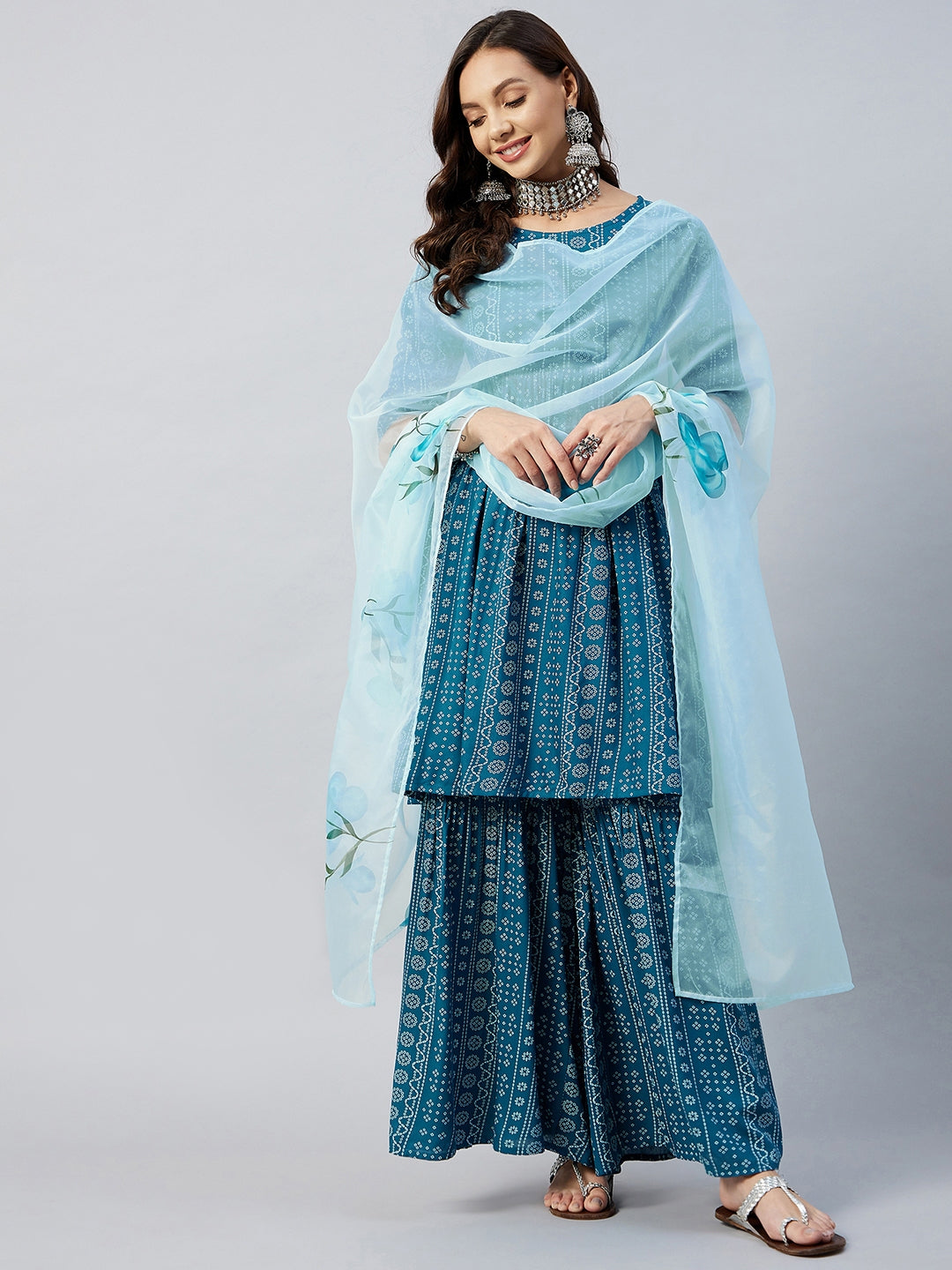 InWeave Women's Ocean Blue Bandhej Sharara Set Blue Hand Print Dupatta - Distacart