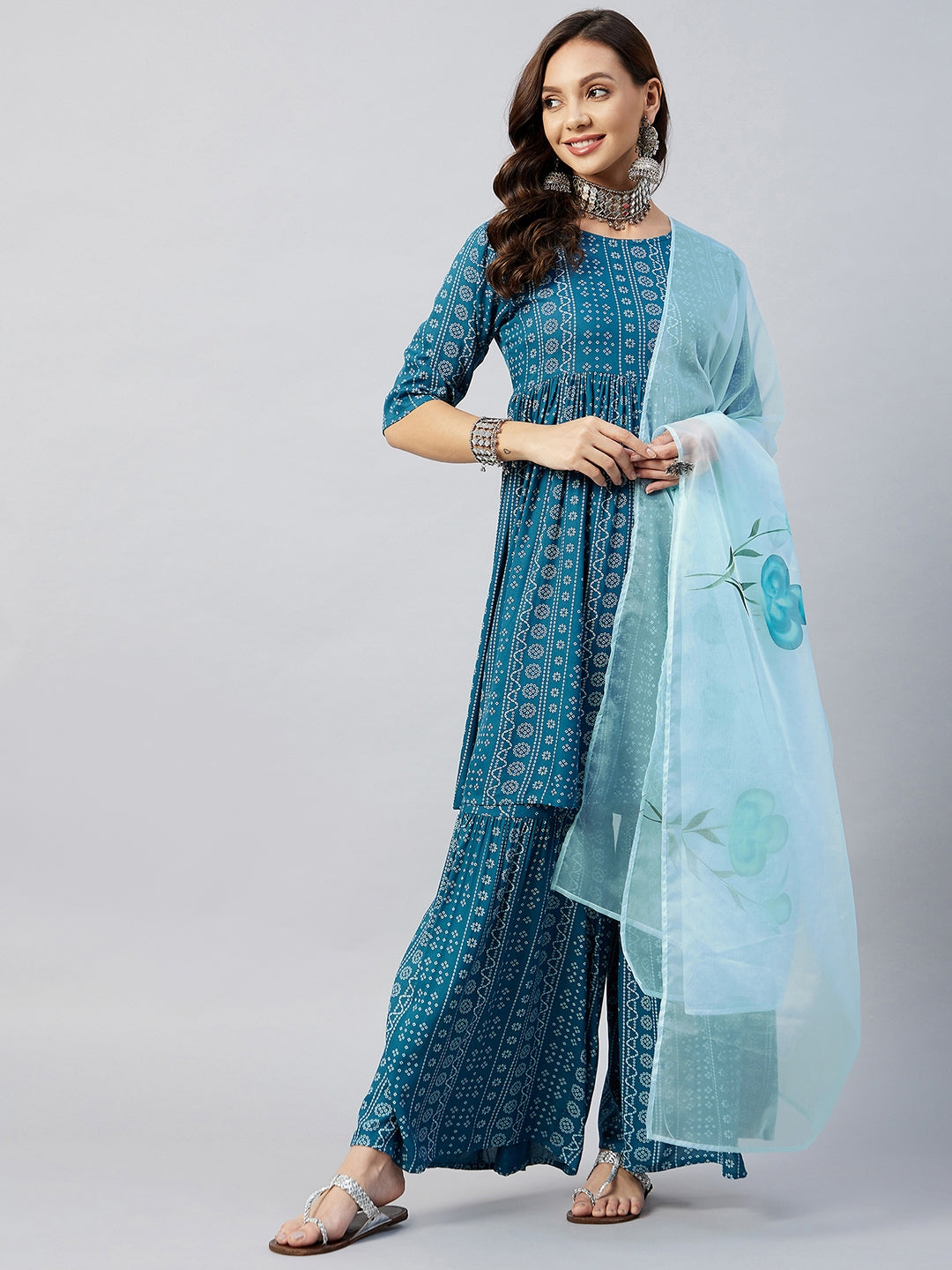 InWeave Women's Ocean Blue Bandhej Sharara Set Blue Hand Print Dupatta - Distacart