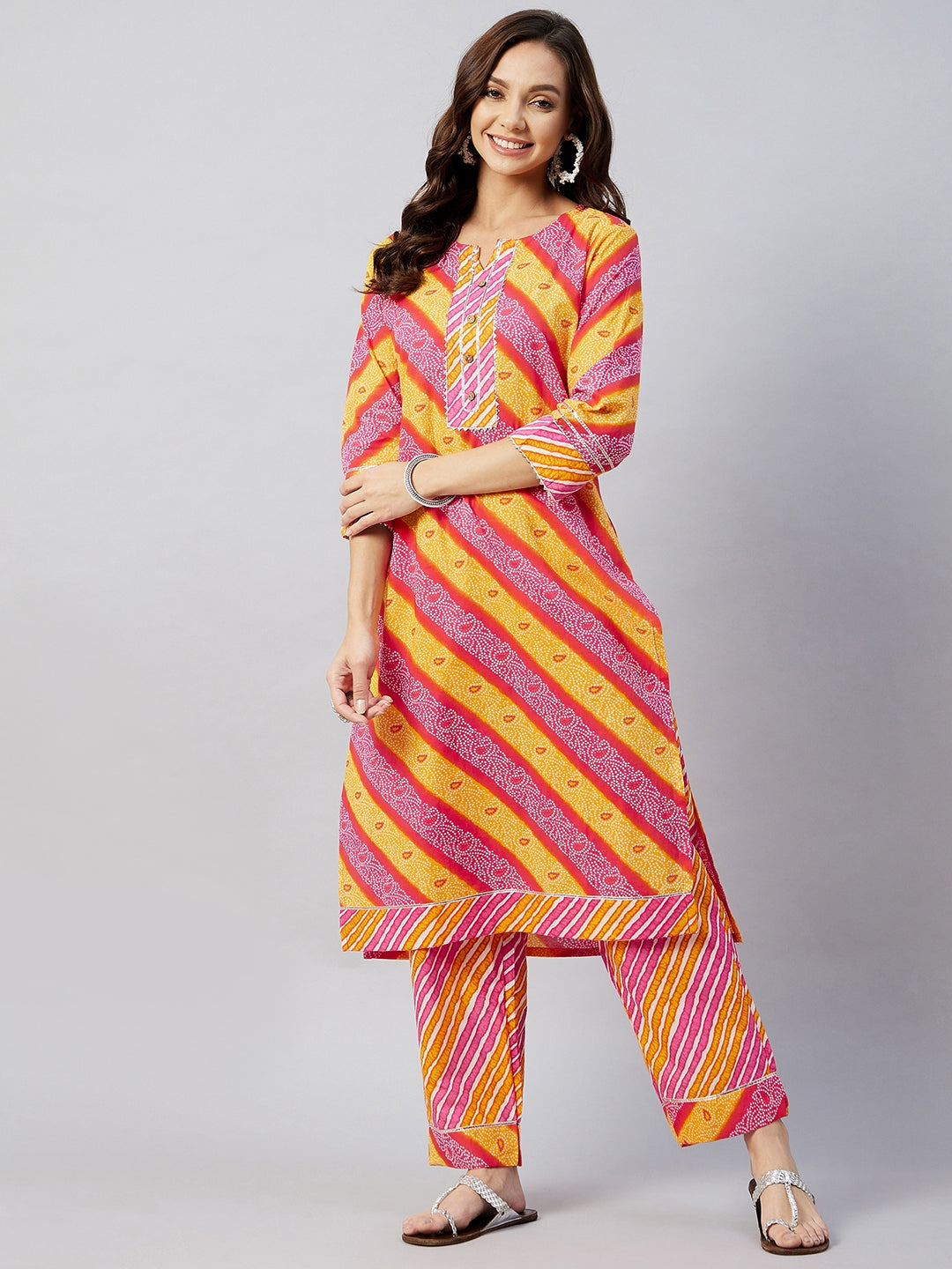 InWeave Women's Pink Mustard Lehriya Straight Kurta Set - Distacart