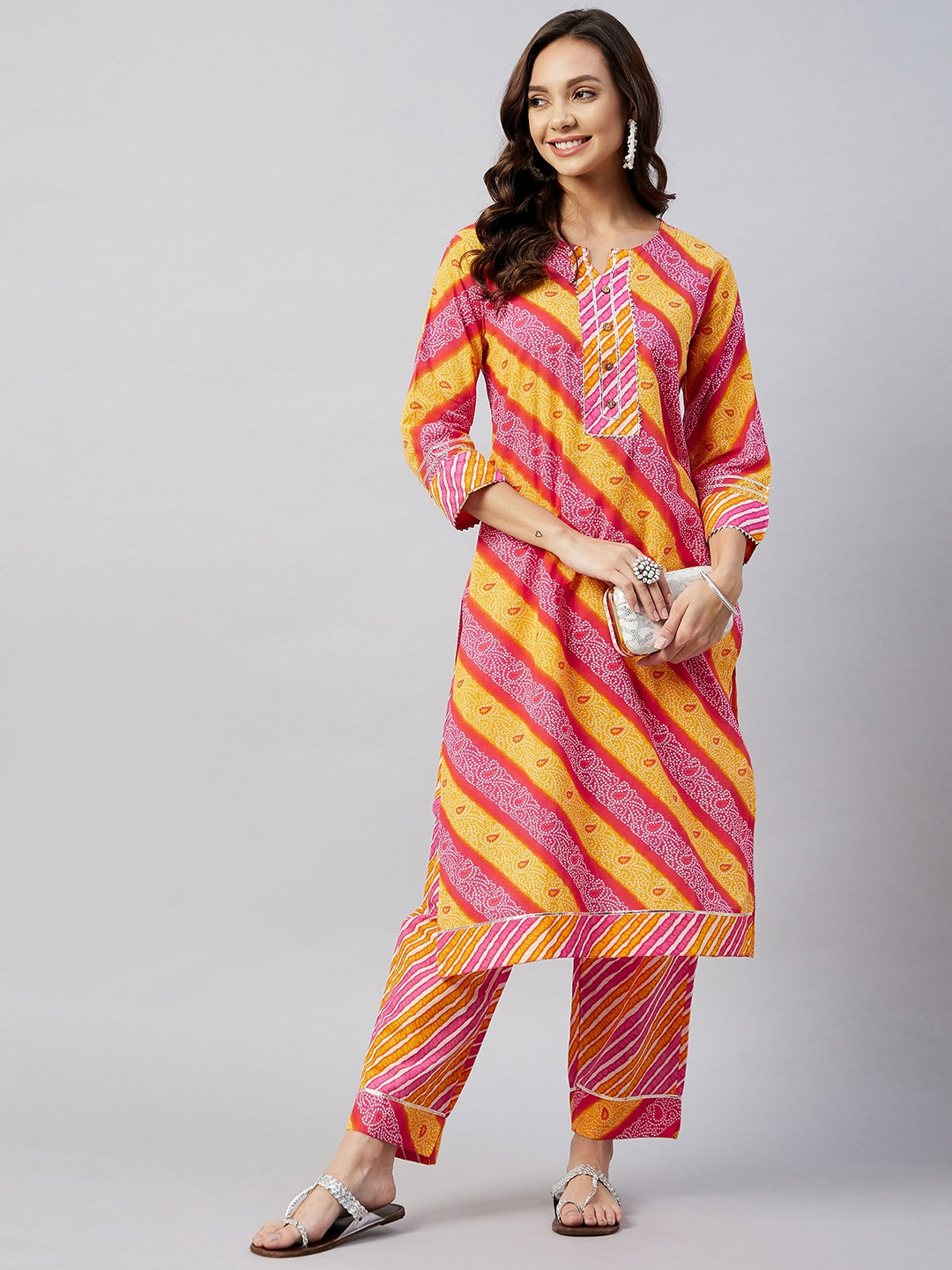 InWeave Women's Pink Mustard Lehriya Straight Kurta Set - Distacart