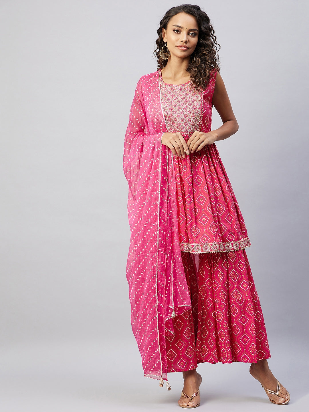 InWeave Women's Pink Embroided Bandhani Kurta Sharara Set - Distacart