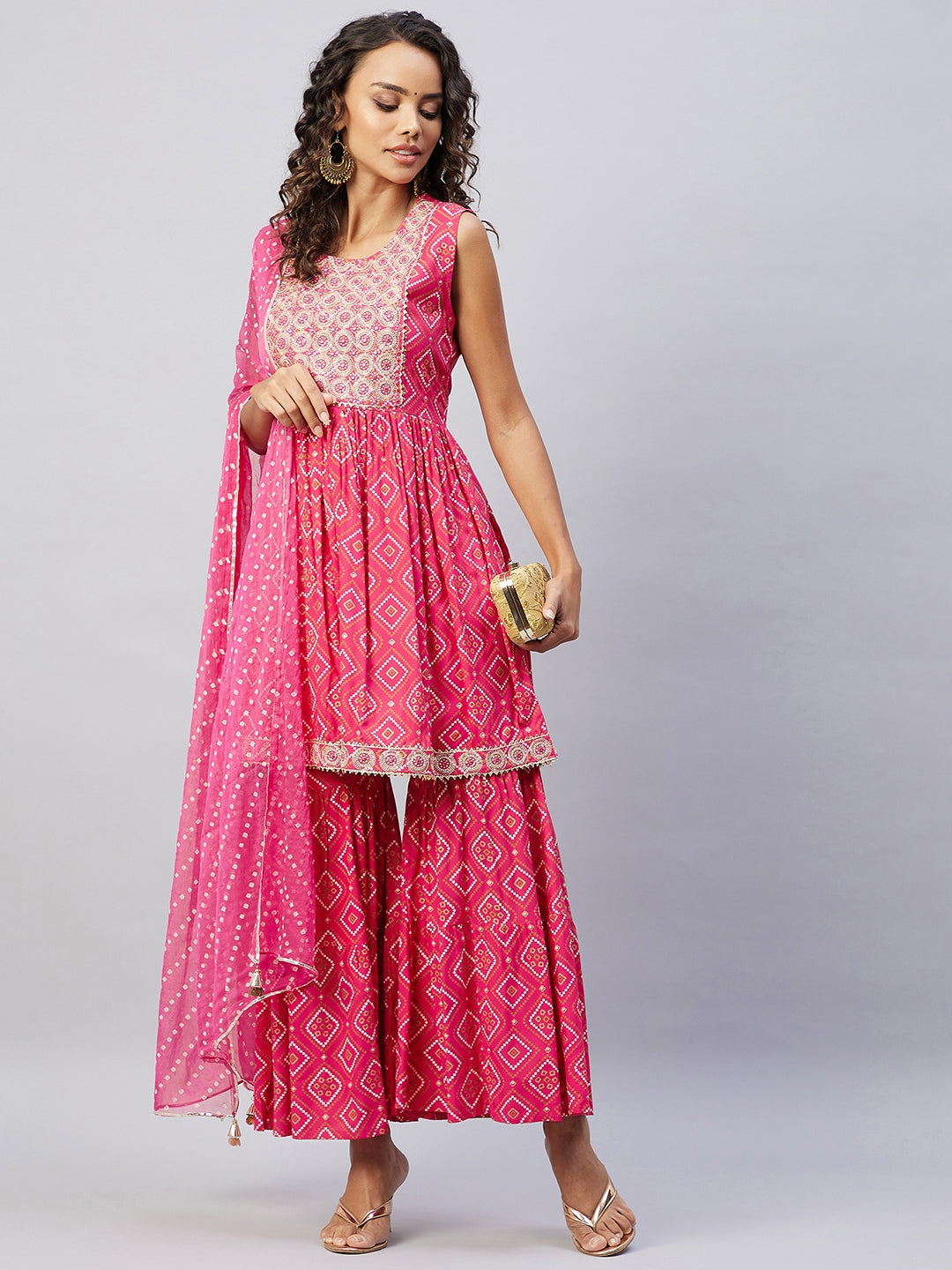 InWeave Women's Pink Embroided Bandhani Kurta Sharara Set - Distacart