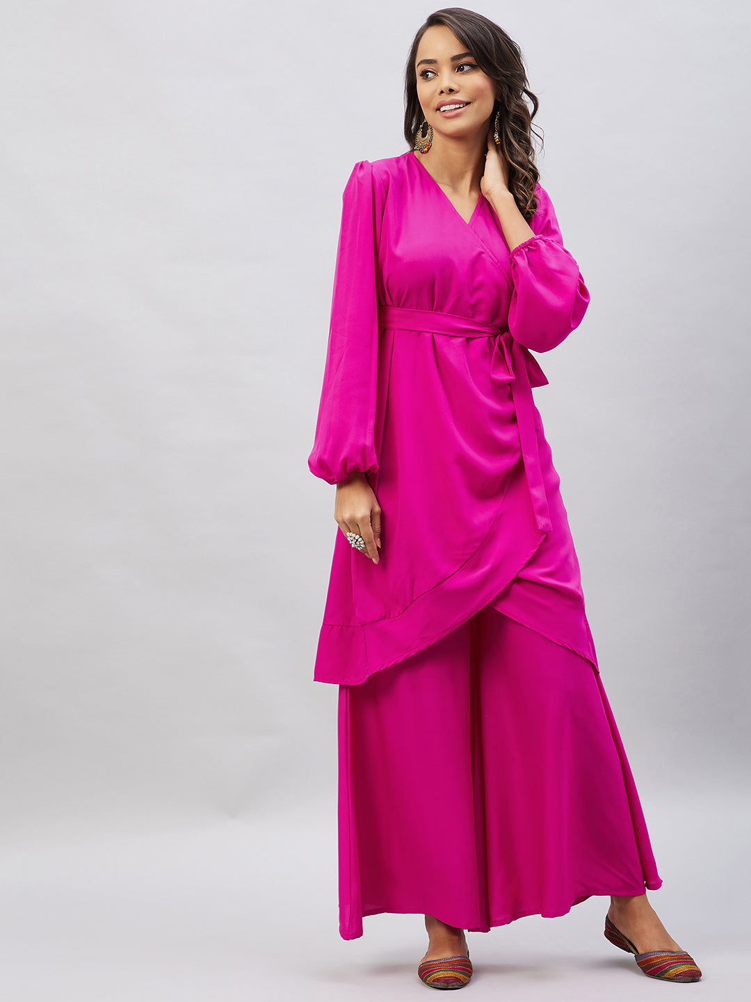 InWeave Women's Magenta Tie Up Kurta Palazzo Set - Distacart
