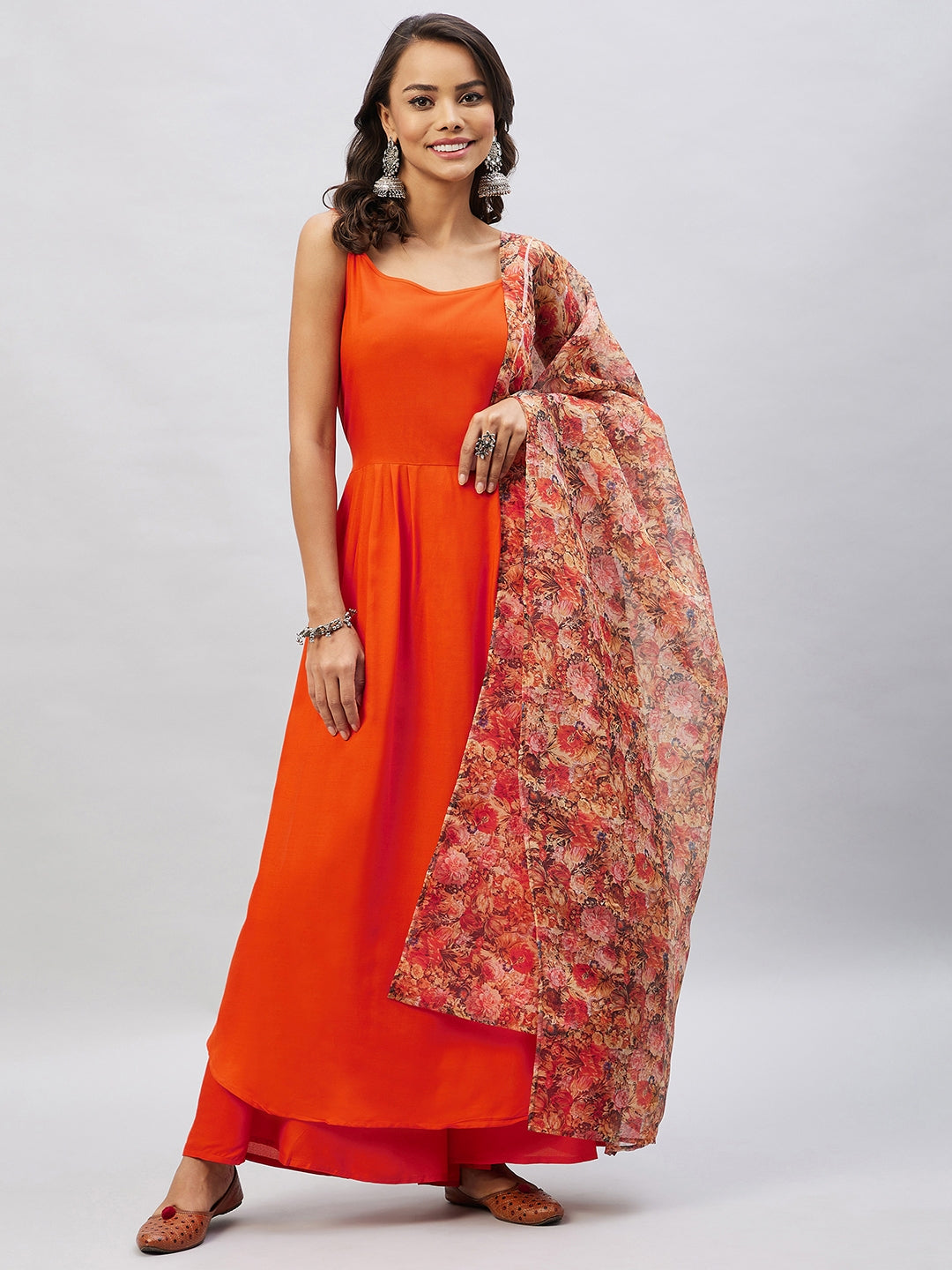InWeave Women's Orange Strappy Set With Beige Orange Floral Organza Dupatta - Distacart