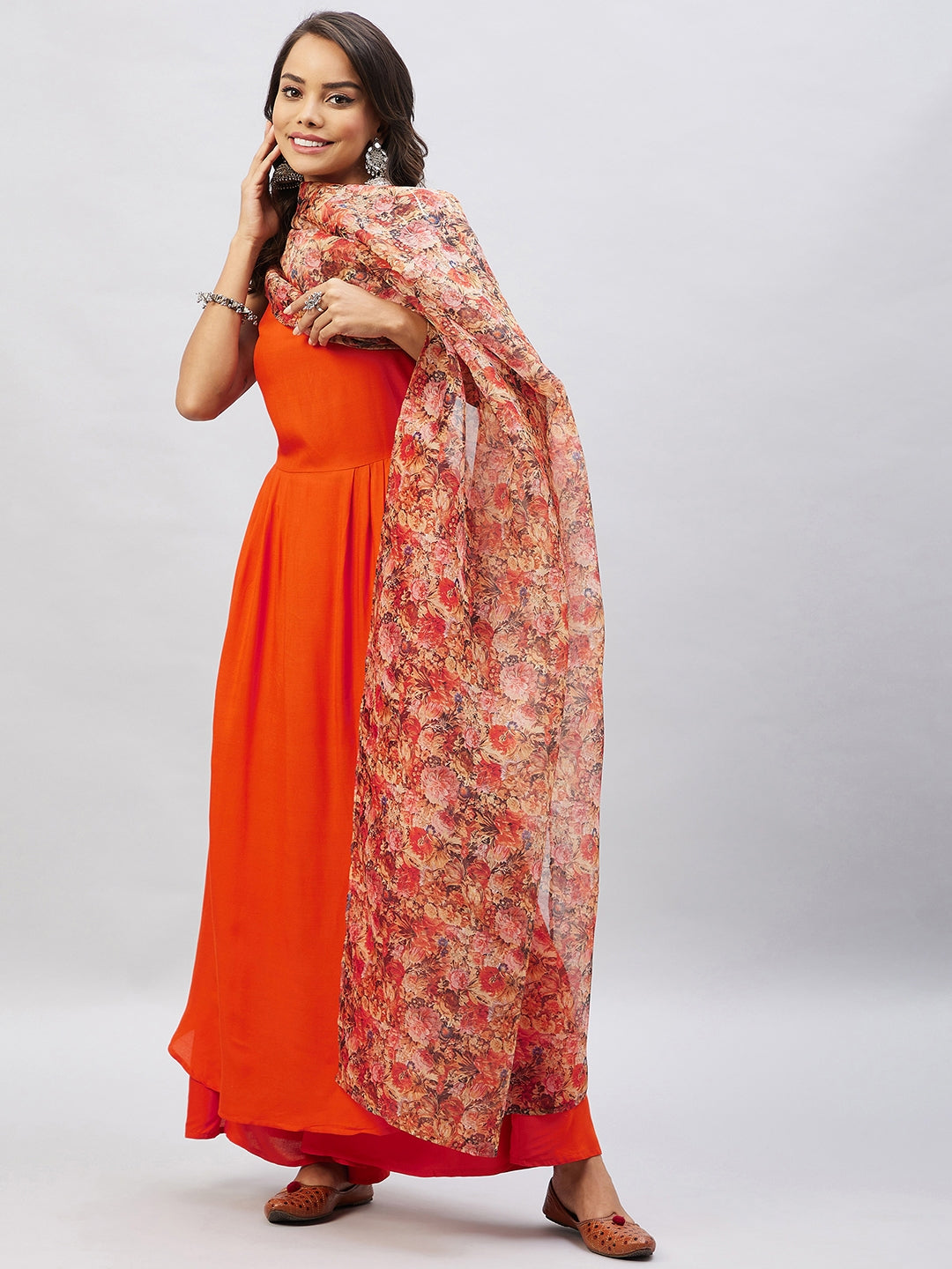 InWeave Women's Orange Strappy Set With Beige Orange Floral Organza Dupatta - Distacart