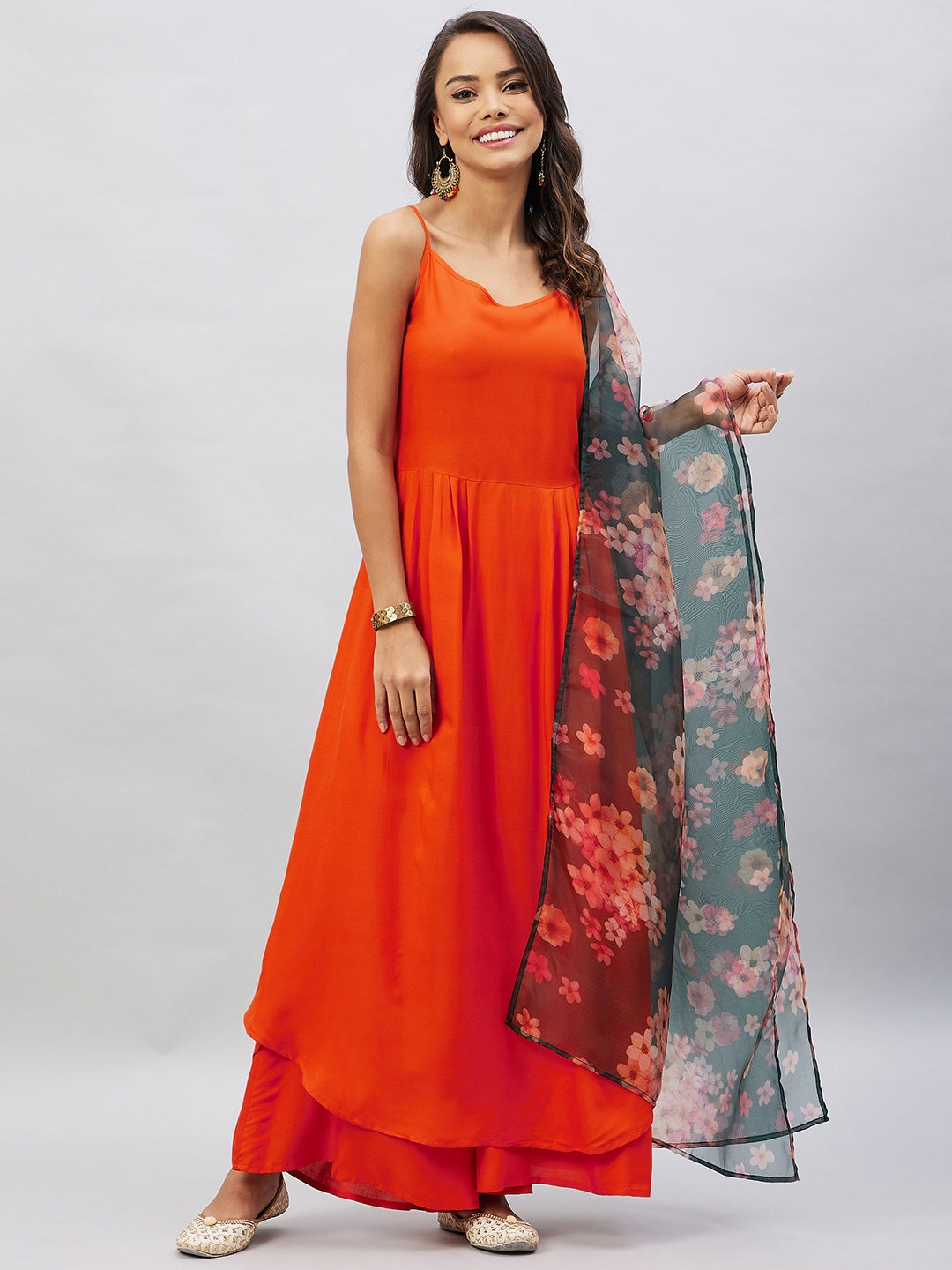 InWeave Women's Orange Strappy Set With Black Floral Organza Dupatta - Distacart