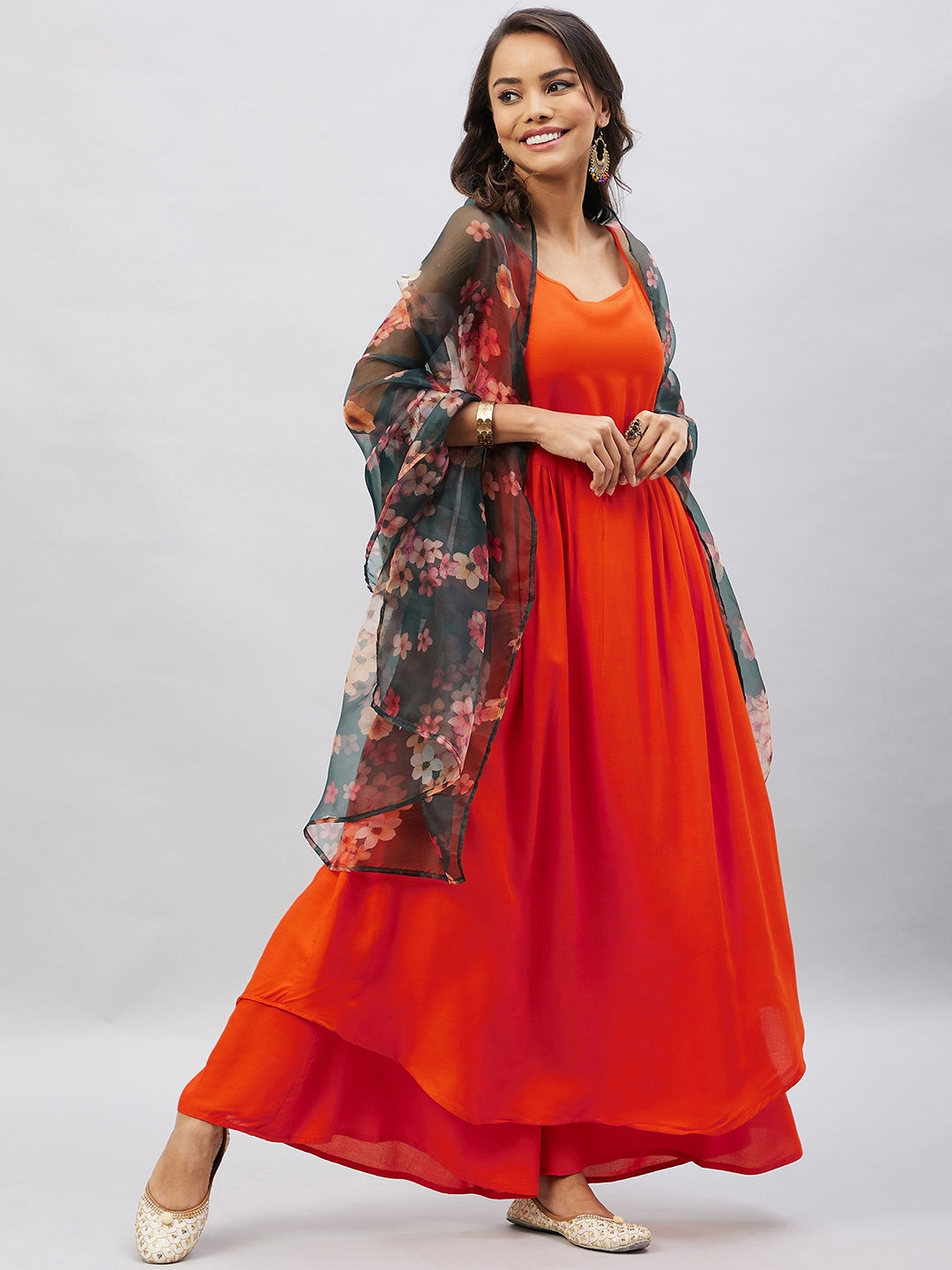 InWeave Women's Orange Strappy Set With Black Floral Organza Dupatta - Distacart