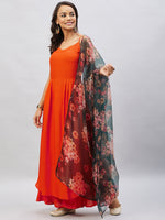 Thumbnail for InWeave Women's Orange Strappy Set With Black Floral Organza Dupatta - Distacart