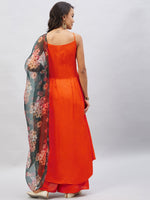 Thumbnail for InWeave Women's Orange Strappy Set With Black Floral Organza Dupatta - Distacart