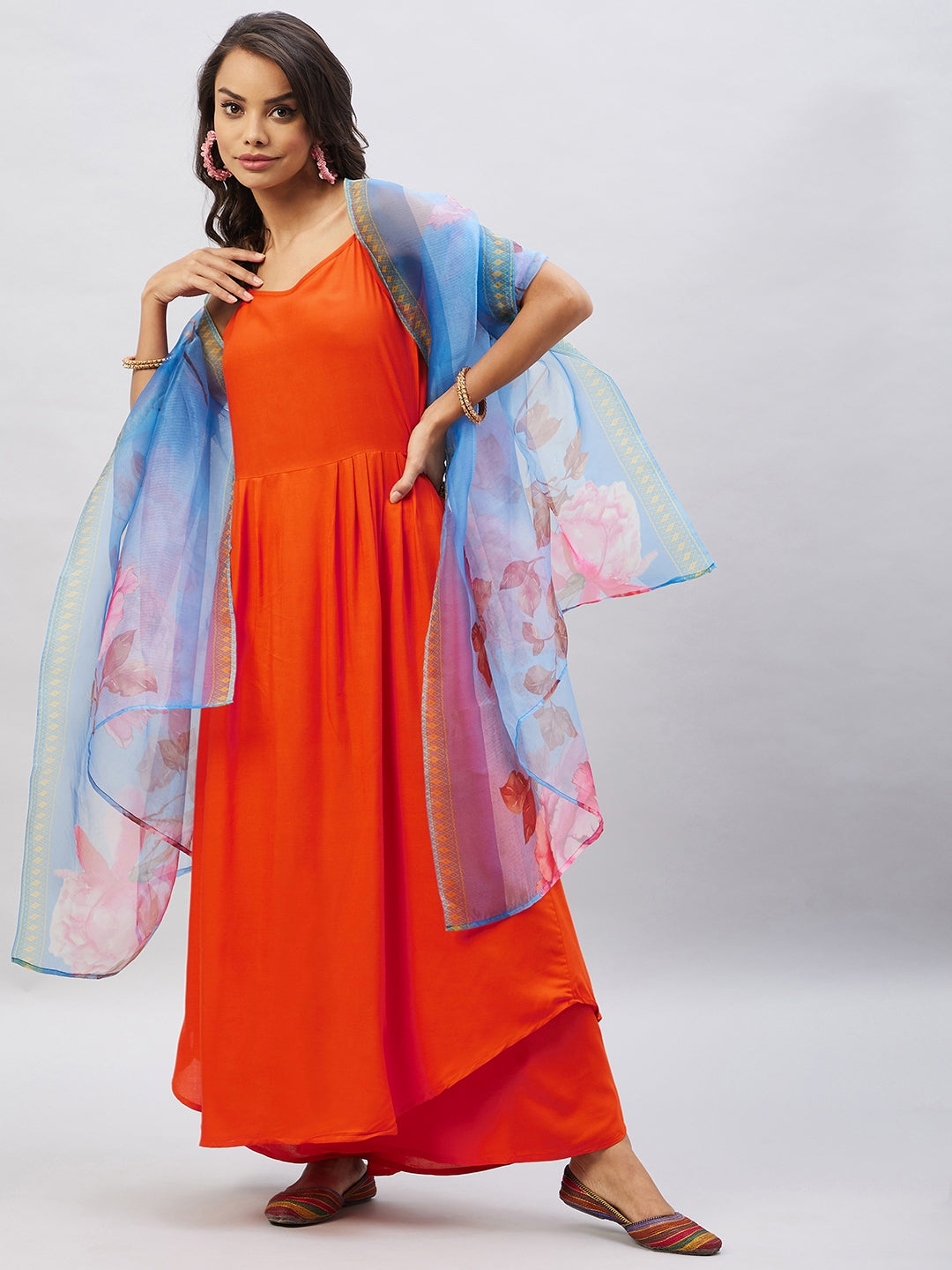 InWeave Women's Orange Strappy Set With Blue Fuchsia Organza Dupatta - Distacart