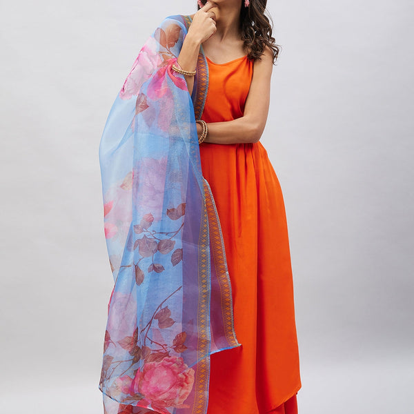 InWeave Women's Orange Strappy Set With Blue Fuchsia Organza Dupatta - Distacart