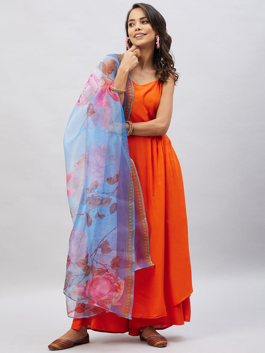 InWeave Women's Orange Strappy Set With Blue Fuchsia Organza Dupatta - Distacart