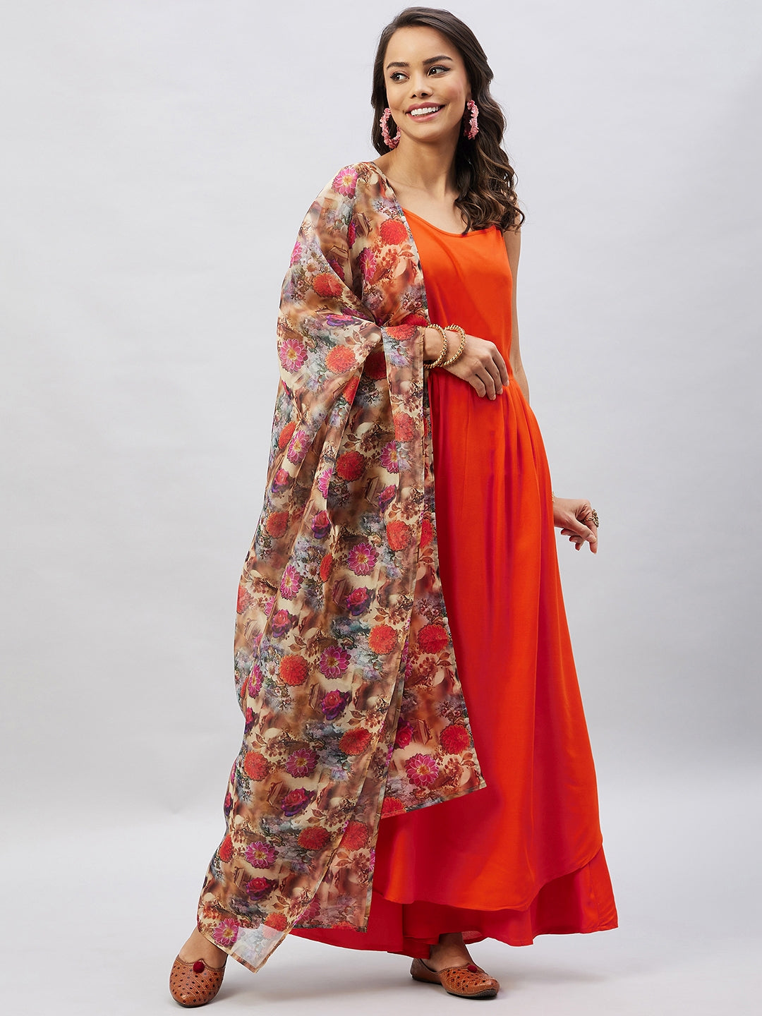 InWeave Women's Orange Strappy Set With Camel Brown Floral Organza Dupatta - Distacart