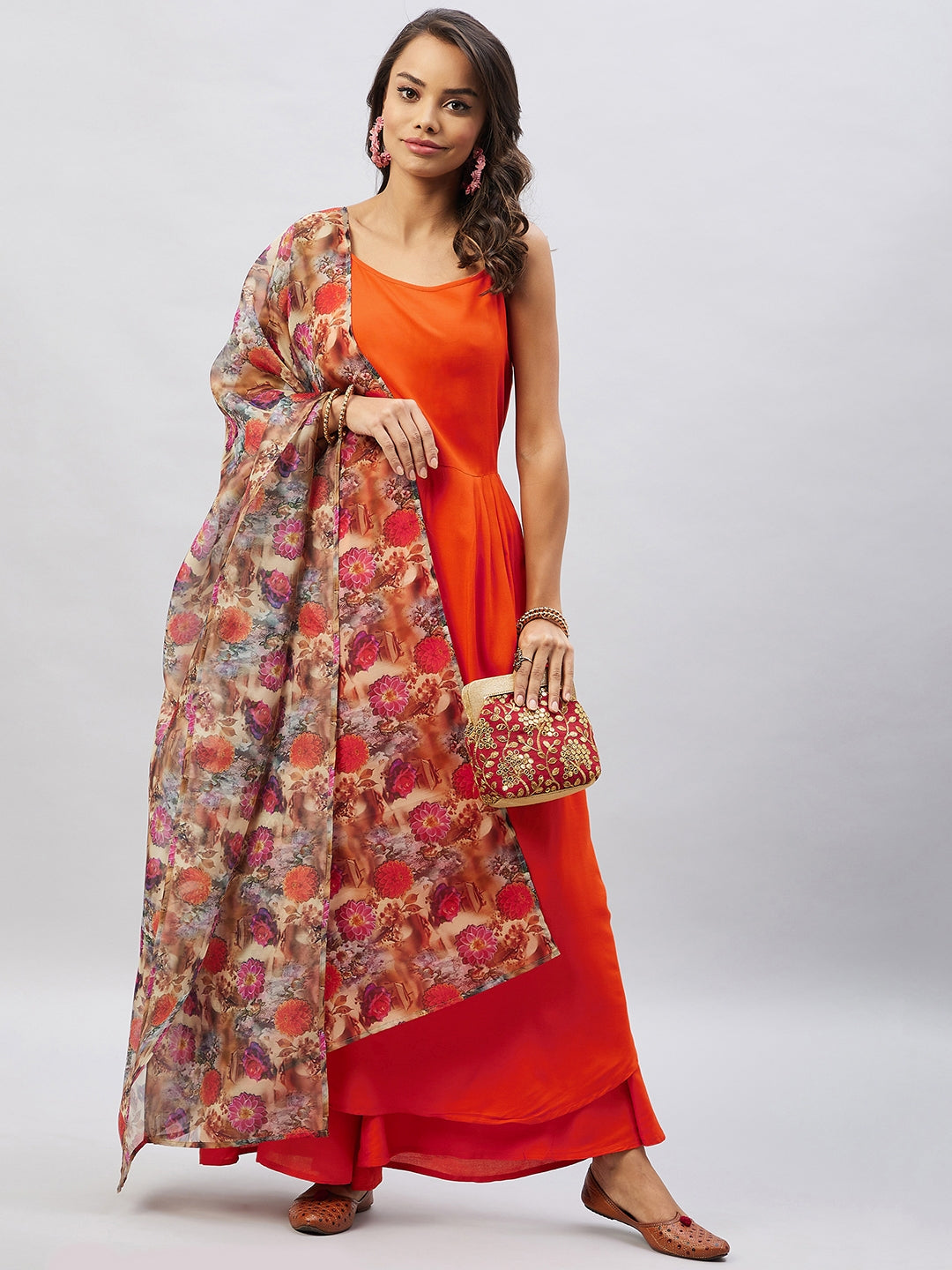 InWeave Women's Orange Strappy Set With Camel Brown Floral Organza Dupatta - Distacart