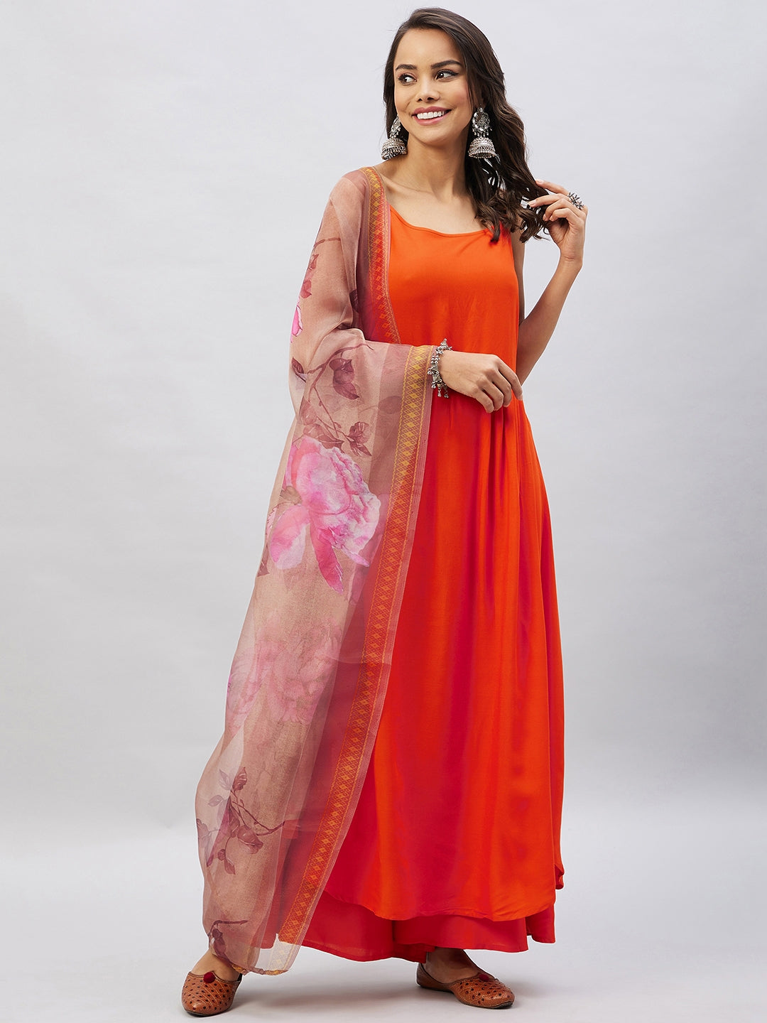 InWeave Women's Orange Strappy Set With Gold Pink Organza Dupatta - Distacart