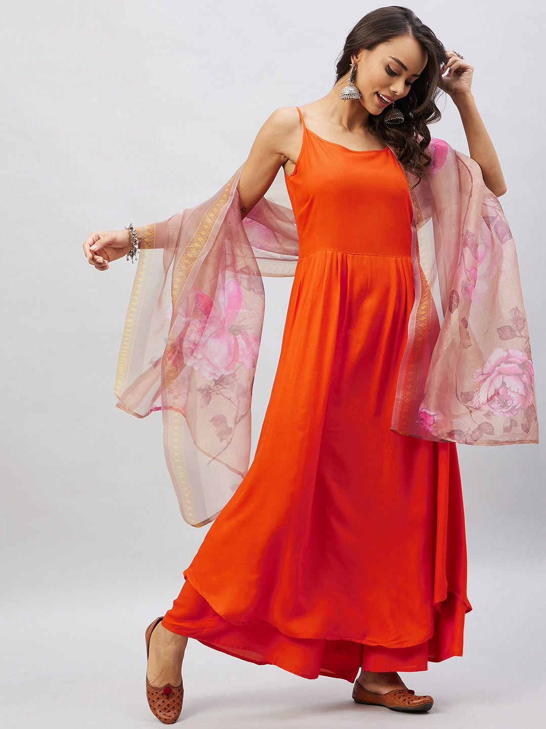 InWeave Women's Orange Strappy Set With Gold Pink Organza Dupatta - Distacart