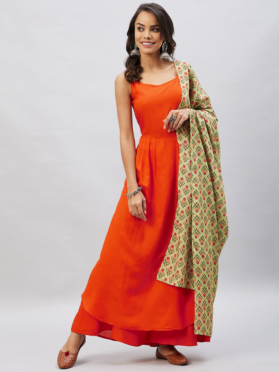 InWeave Women's Orange Strappy Set With Light Green Orange Print Dupatta - Distacart