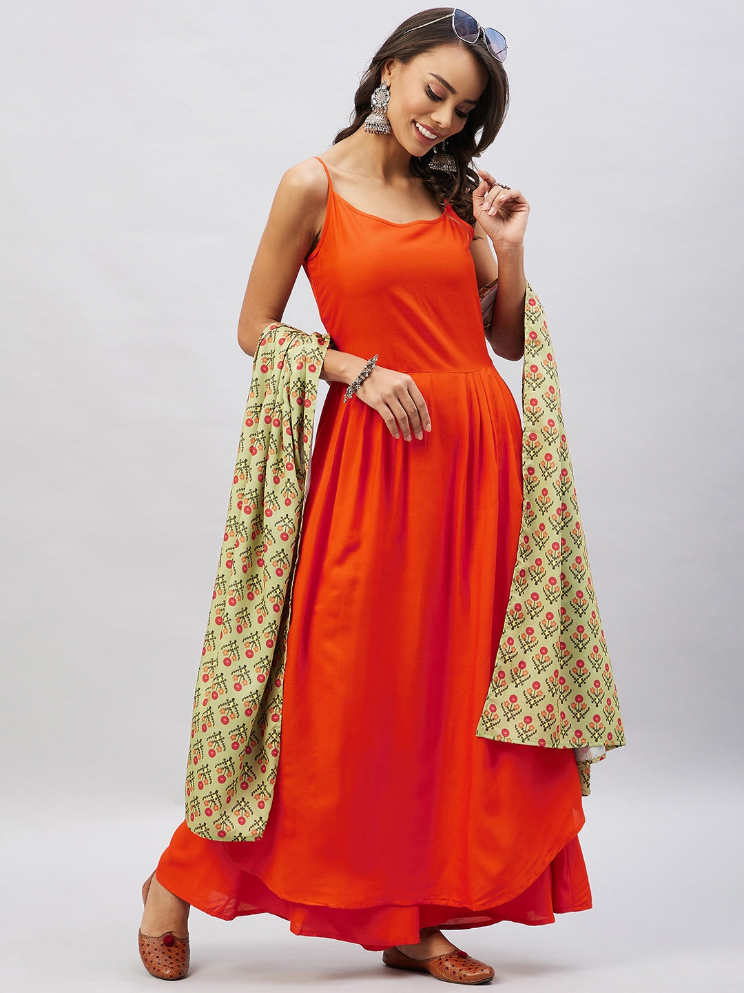 InWeave Women's Orange Strappy Set With Light Green Orange Print Dupatta - Distacart