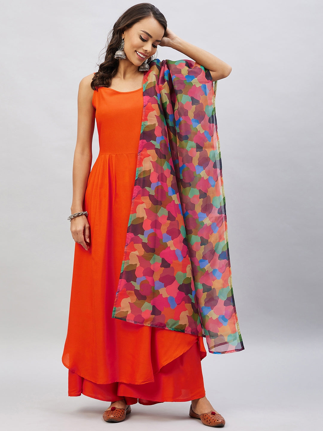 InWeave Women's Orange Strappy Set With Maroon Abstract Organza Dupatta - Distacart