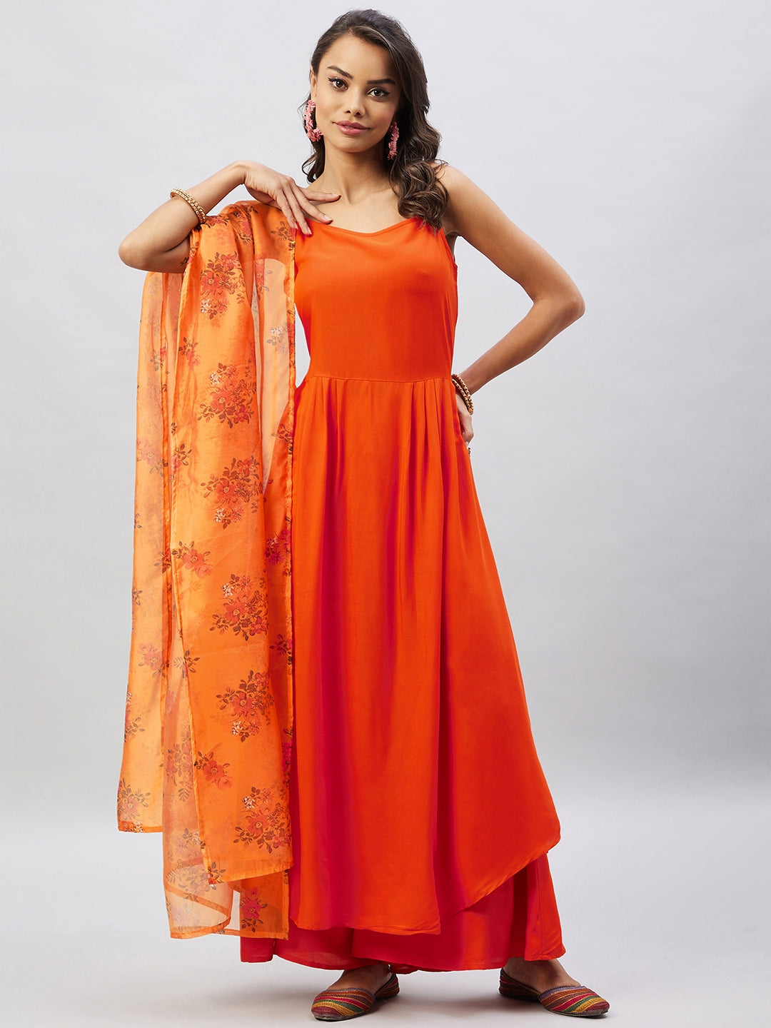 InWeave Women's Orange Strappy Set With Mustard Floral Organza Dupatta - Distacart