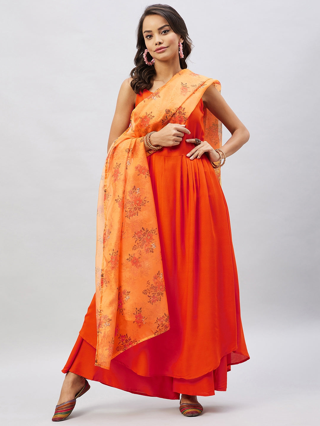 InWeave Women's Orange Strappy Set With Mustard Floral Organza Dupatta - Distacart