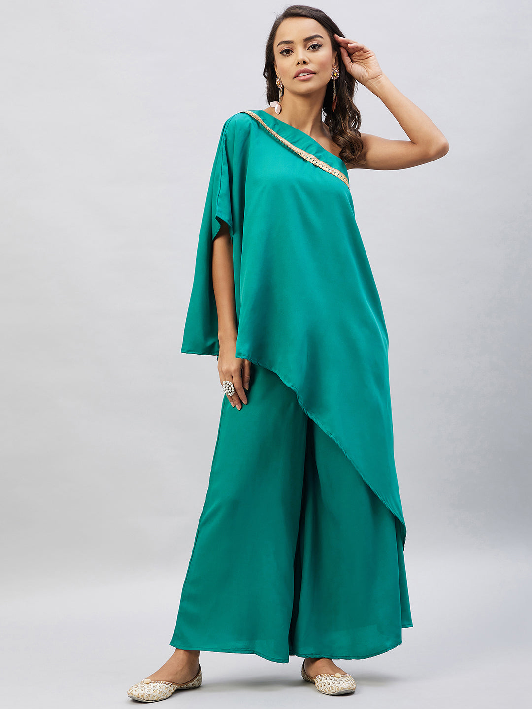 InWeave Women's Teal One Shoulder Kurta Set With Gota Work - Distacart