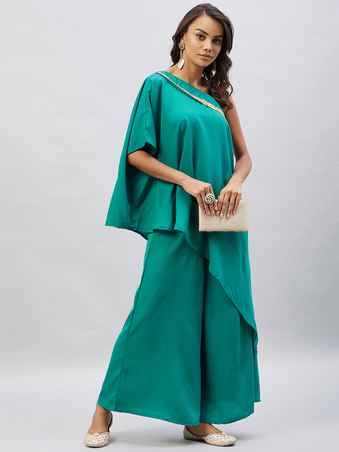 InWeave Women's Teal One Shoulder Kurta Set With Gota Work - Distacart