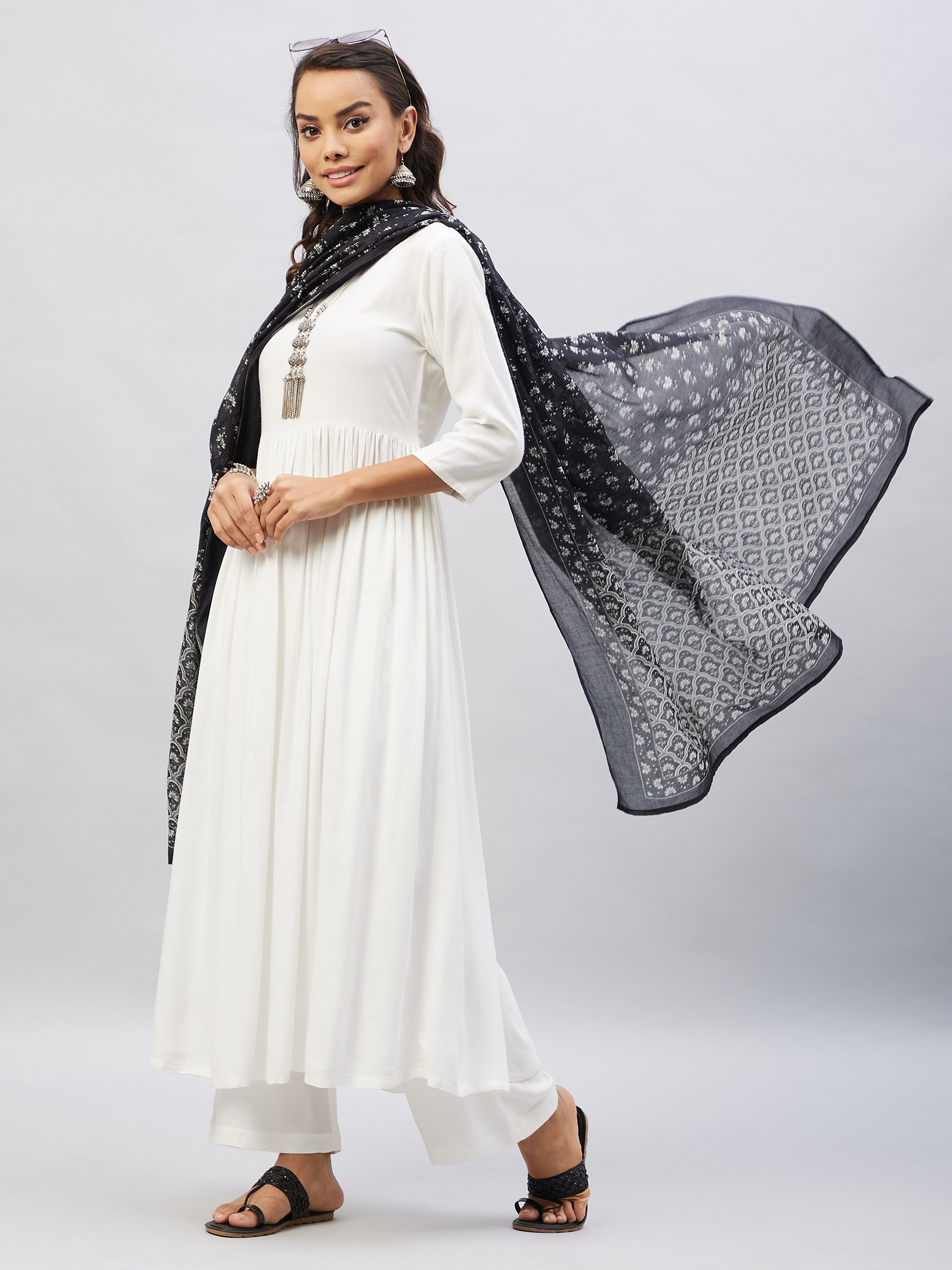 InWeave Women's Cream Anarkali Kurta Set With Black Chintz Print Dupatta - Distacart