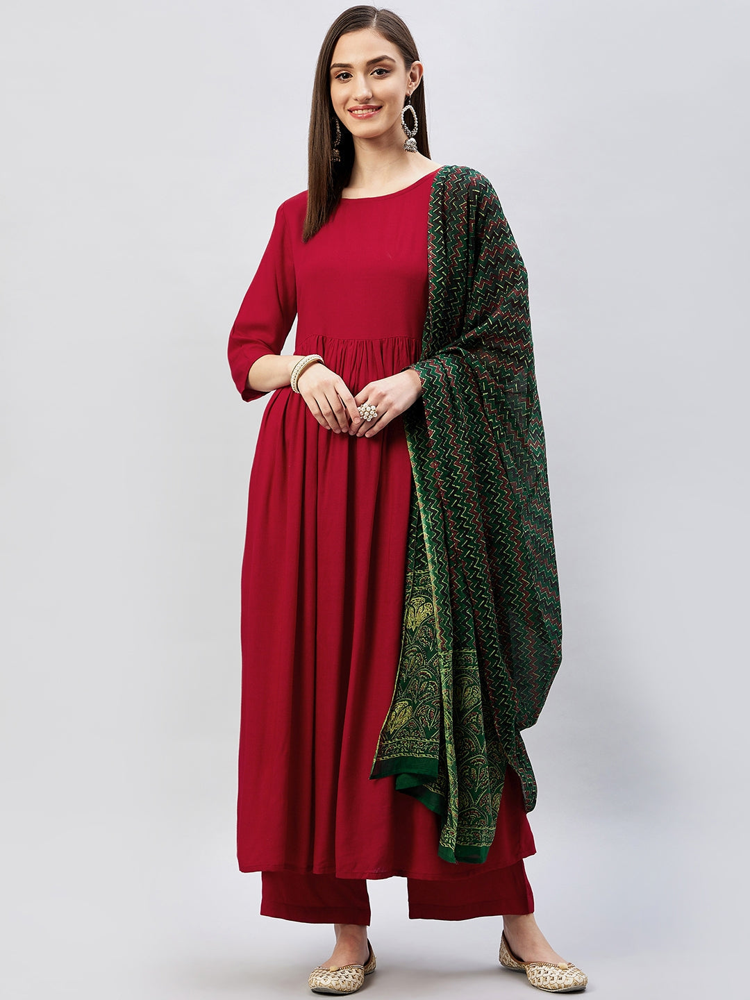 InWeave Women's Maroon Long Anarkali Kurta Set With Green Ajrakh Dupatta - Distacart