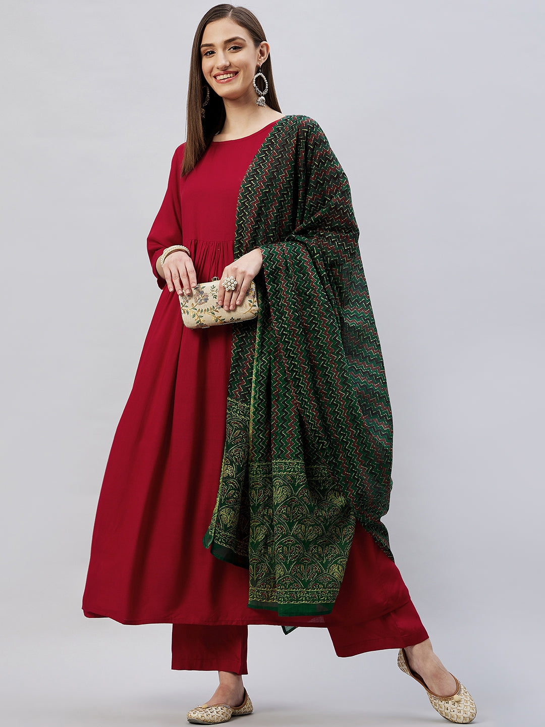 InWeave Women's Maroon Long Anarkali Kurta Set With Green Ajrakh Dupatta - Distacart