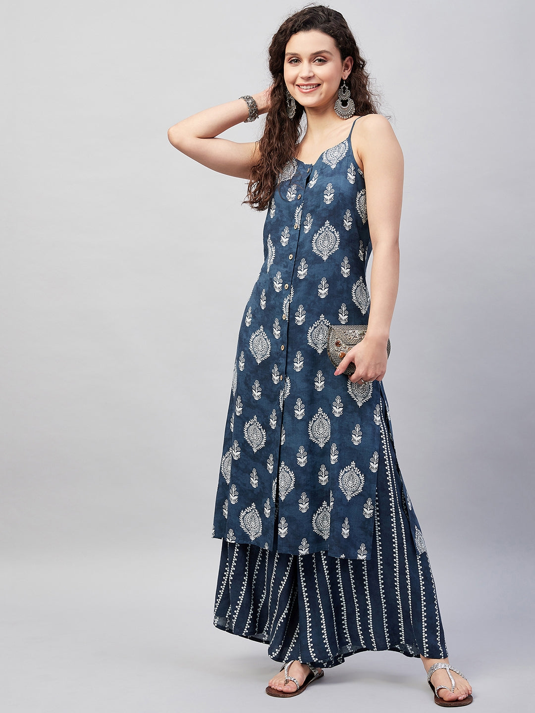InWeave Women's Blue White Porcelien Print Spaghetti Kurta Palazzo Set - Distacart