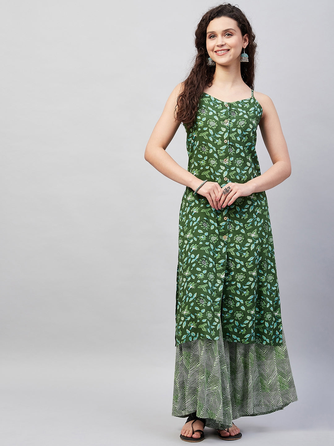 InWeave Women's Green Bagh Print Spaghetti Kurta Zig Zag Palazzo Set - Distacart