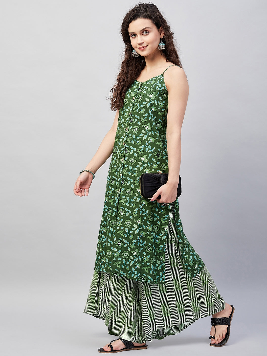 InWeave Women's Green Bagh Print Spaghetti Kurta Zig Zag Palazzo Set - Distacart