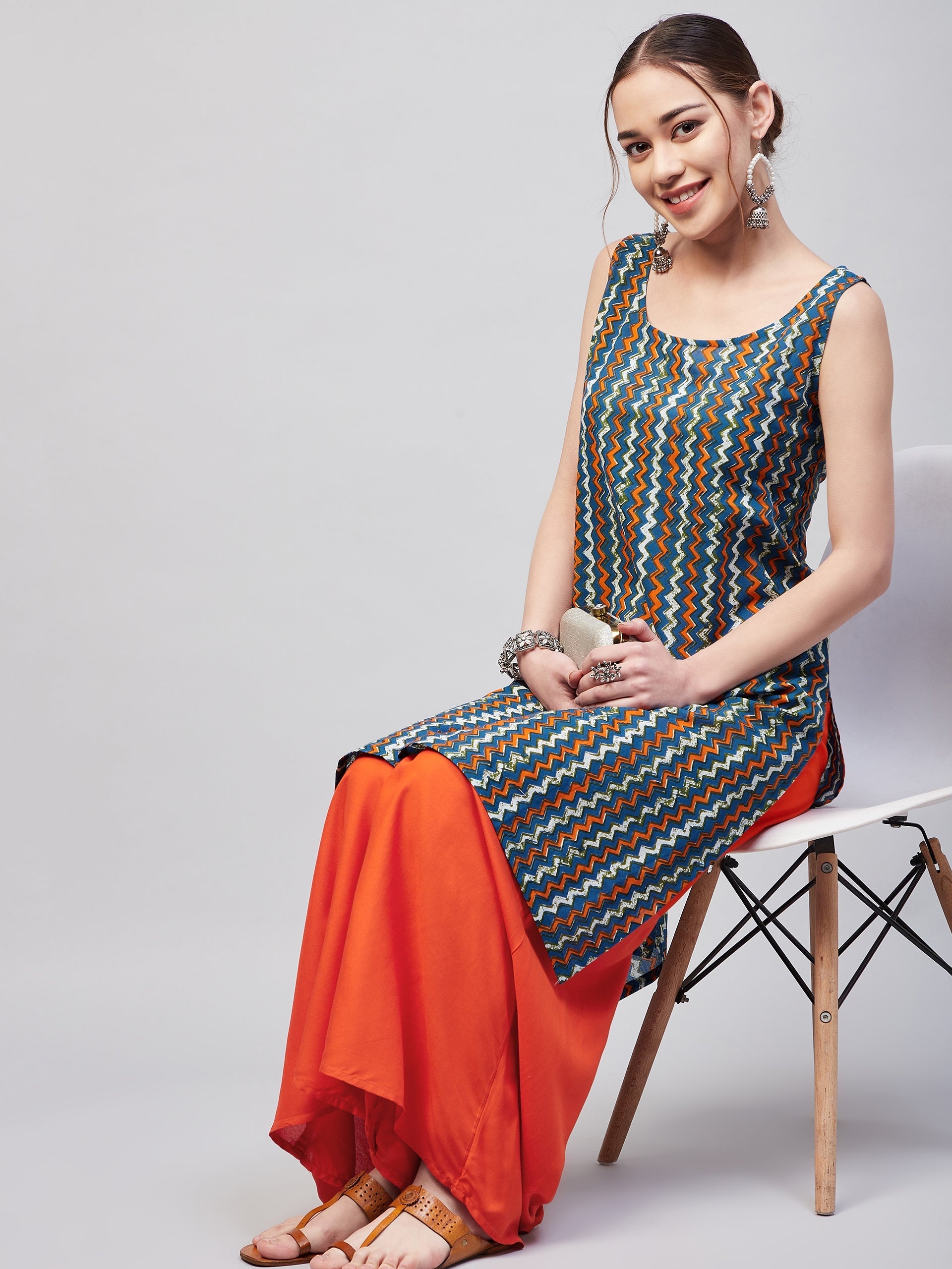 InWeave Women's Blue Orange Zig Zag Straight Orange Palazzo Set - Distacart