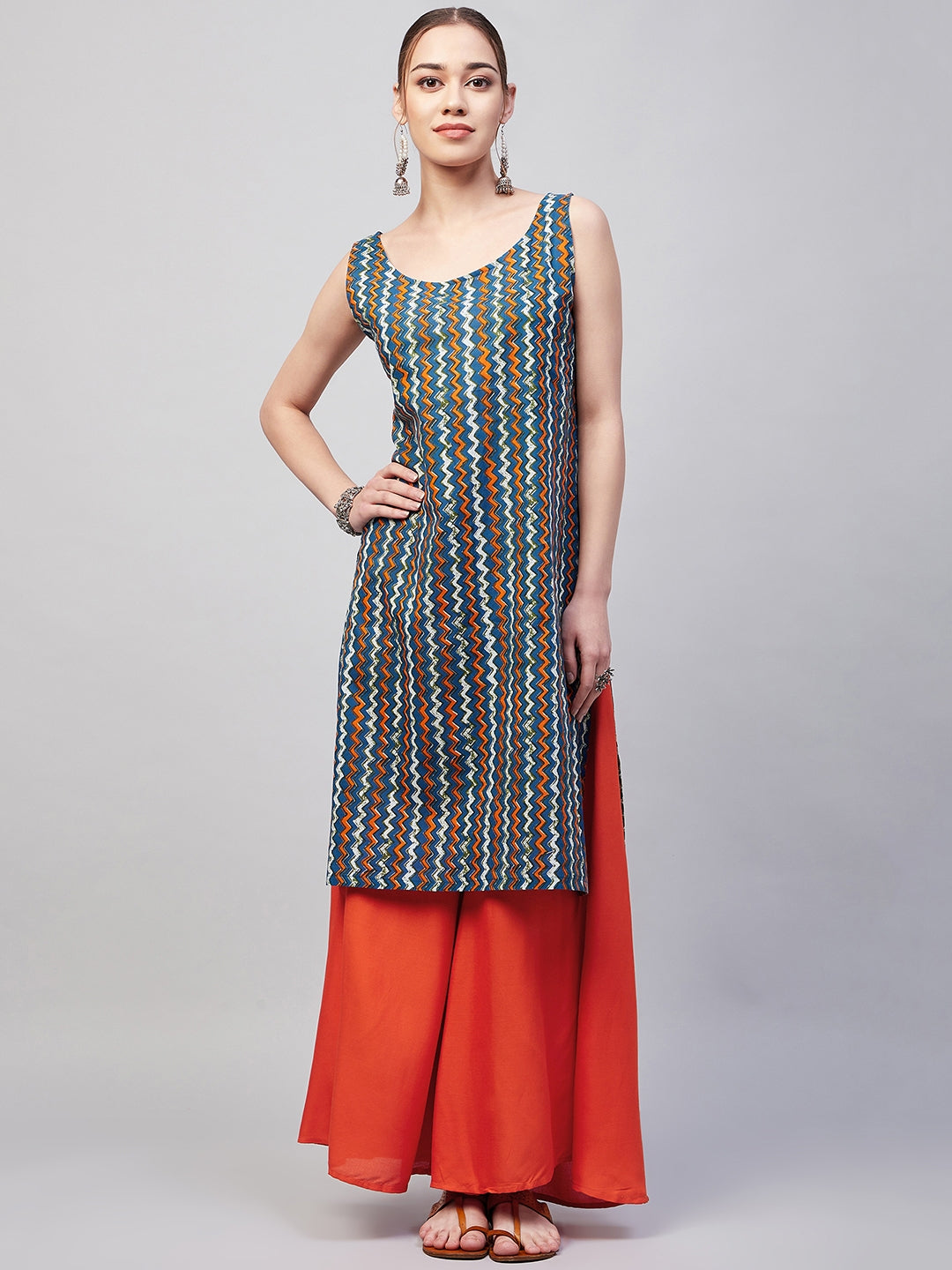 InWeave Women's Blue Orange Zig Zag Straight Orange Palazzo Set - Distacart