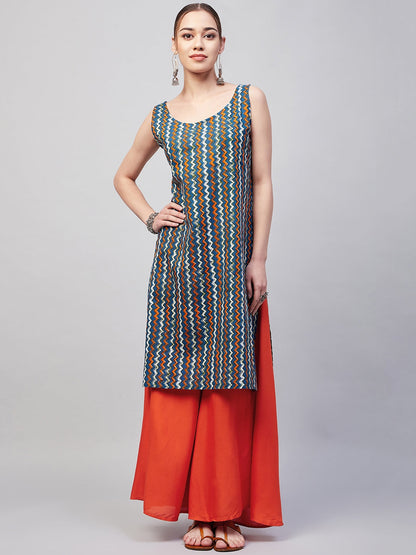 InWeave Women's Blue Orange Zig Zag Straight Orange Palazzo Set - Distacart