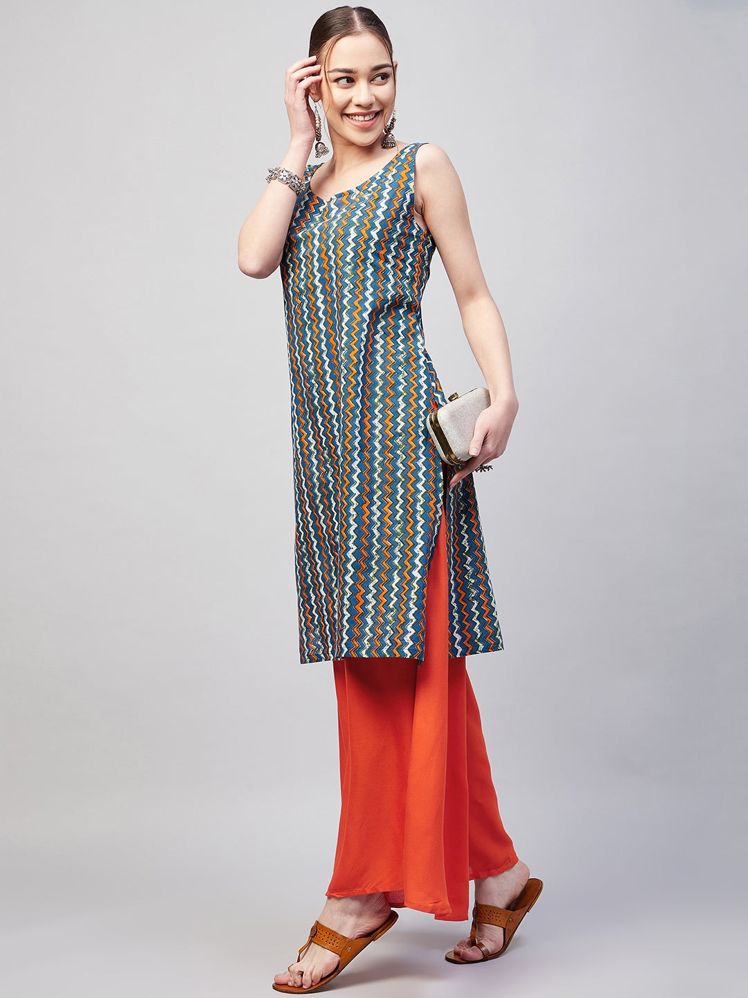 InWeave Women's Blue Orange Zig Zag Straight Orange Palazzo Set - Distacart