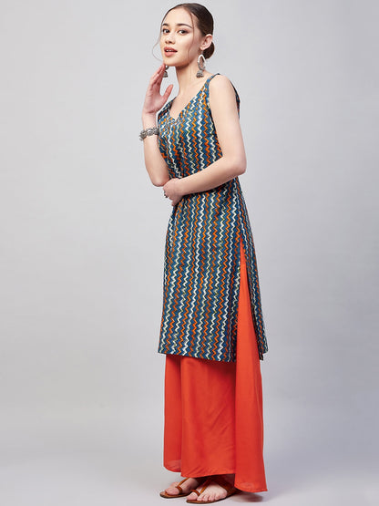 InWeave Women's Blue Orange Zig Zag Straight Orange Palazzo Set - Distacart