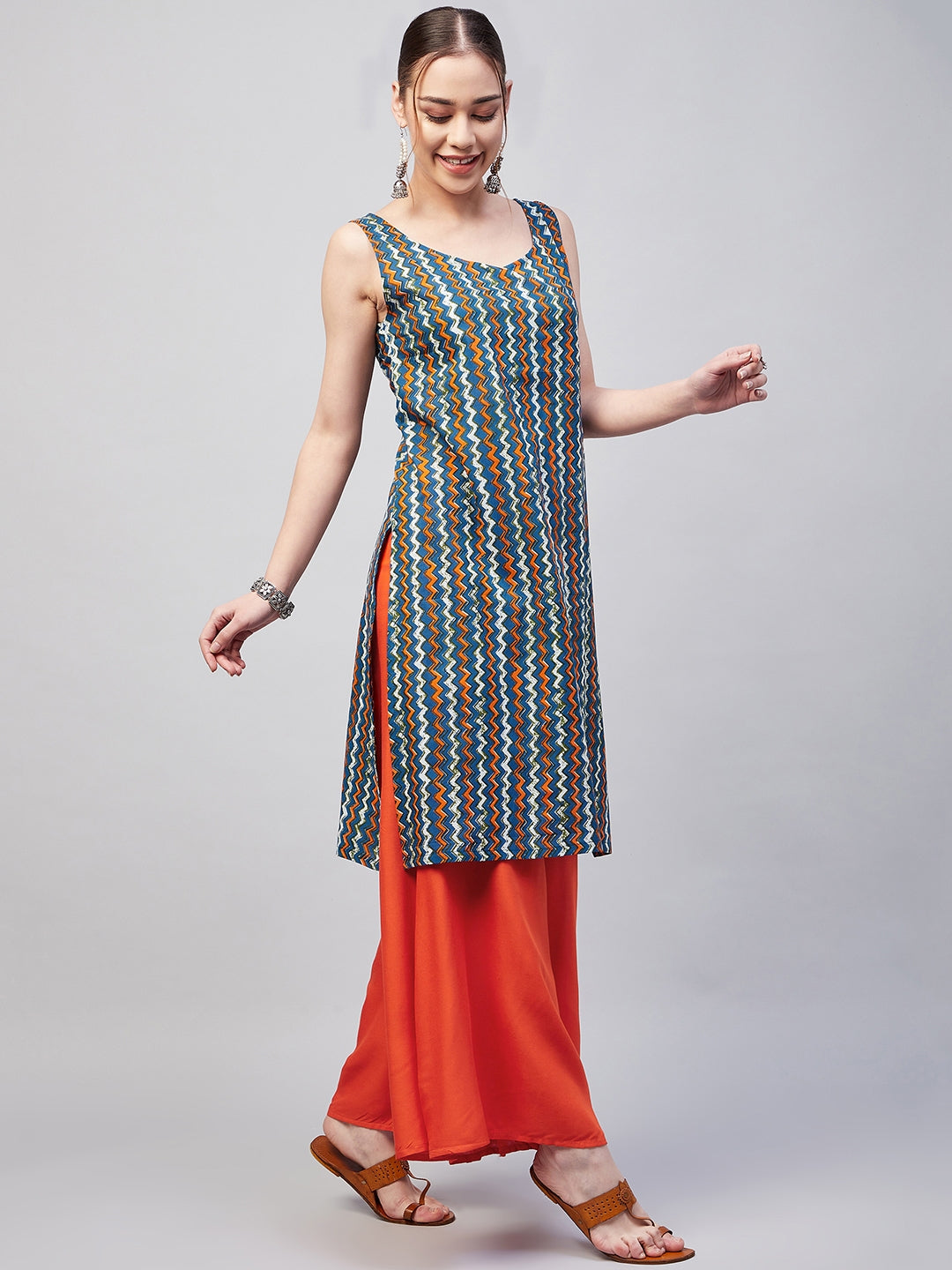 InWeave Women's Blue Orange Zig Zag Straight Orange Palazzo Set - Distacart